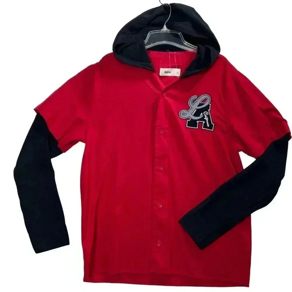Hollister L Mens NWT LA California Ball Jersey Red Hooded Button Up Sweatshirt - Picture 1 of 9